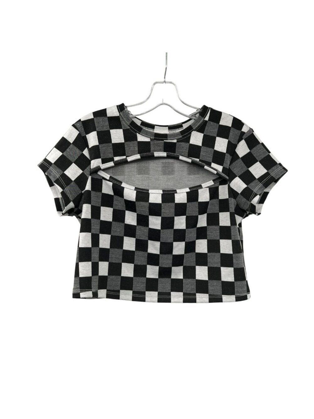 BP. Checkered Crop Top Short Sleeve Cut Out Black/White Size Large